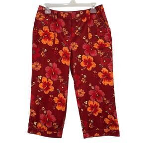 Context Cropped Floral Pants 6 Women Red Burgundy Orange Pocket Cotton 30" Waist